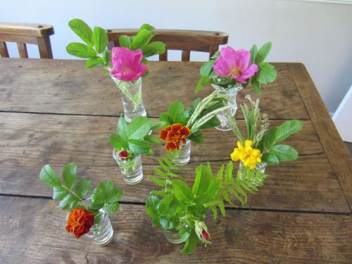 French marigold & Dog Rose flower vases